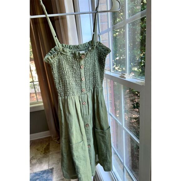NWT Urban Outfitters Sage Green Smocked Button-Front Dress Size XS Summer - Picture 1 of 6